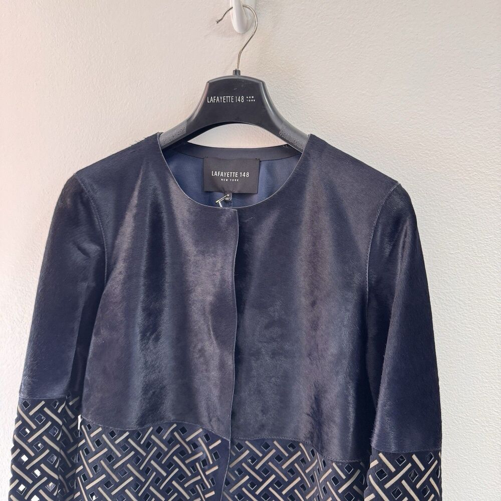 NWT Lafayette 148 New York Jacket $2,998 M Calf Hair Leather Navy Blue Cutout - Picture 4 of 13